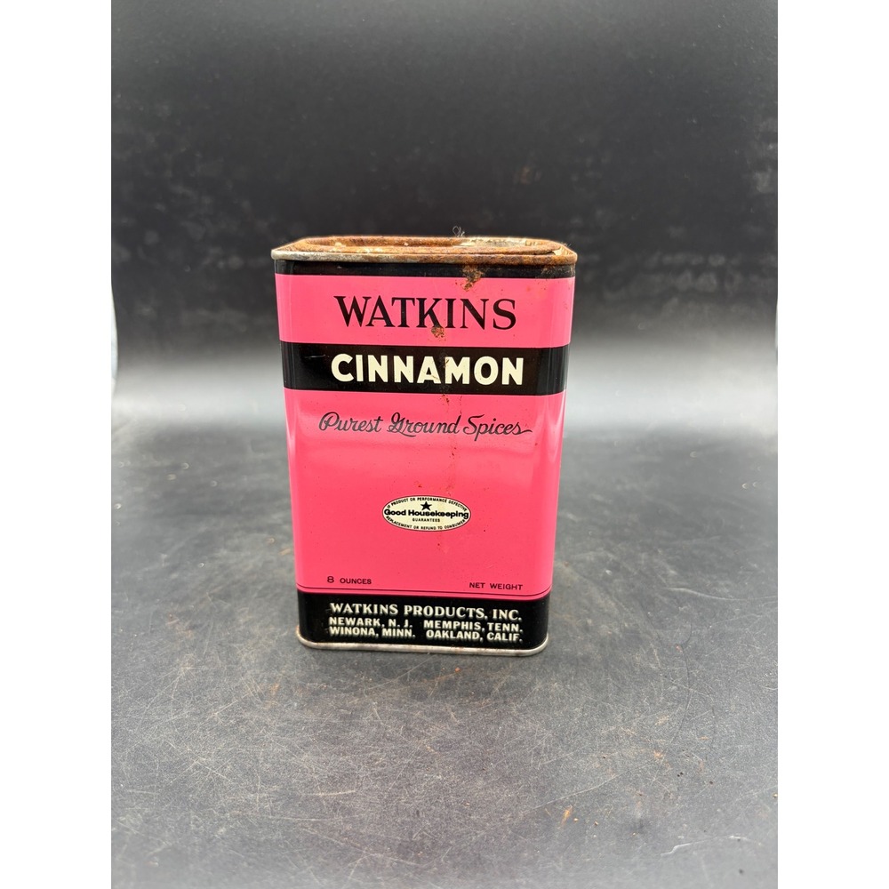 Vintage Watkins Cinnamon Spice Tin Pink Black 8 oz Collectible Kitchen Decor